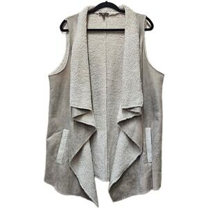 TCEC Faux Suede Shearling Waterfall Vest Taupe Open Front Pocketed Size XXXL